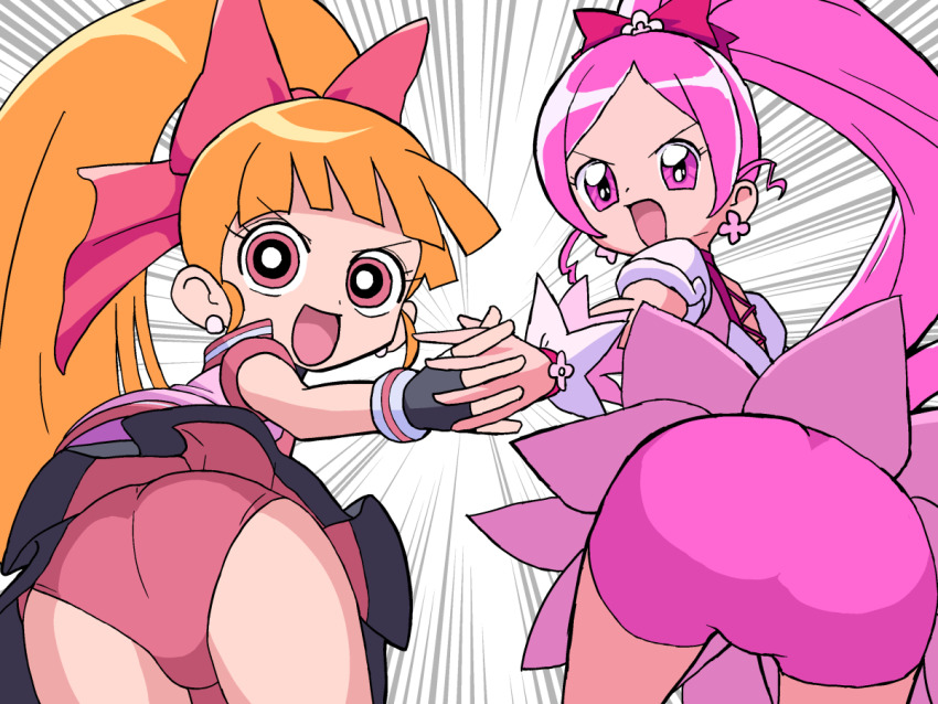 akazutsumi_momoko ass ass_focus bad_tag bare_legs bow cartoon_network cure_blossom earrings gloves hanasaki_tsubomi heartcatch_precure! hyper_blossom jewelry large_bow legs leotard loli long_hair looking_back magical_girl nyoki_naioki_(artist) orange_hair pantyhose pink_bow pink_eyes pink_hair pink_leotard pink_skirt pink_vest ponytail powerpuff_girls_z precure red_bow skirt smile superheroine_costume toei_company vest warner_bros.