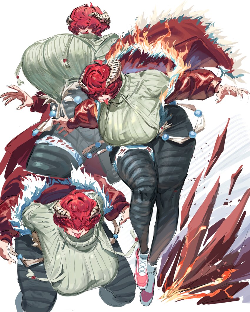 1girl 2025 absurdres ahoge black_pants breasts burning_clothes coat commentary dragon_horns dynamic_pose english_commentary explosion female_focus fire full_body fur-trimmed_coat fur_trim grey_sweater hair_intakes hair_over_eyes high-waist_pants highres horns huge_breasts long_sleeves midair multiple_expressions original outstretched_arms pants puffy_long_sleeves puffy_sleeves pyrokinesis reallycute456 red_coat red_hair red_shoes shoes short_hair simple_background sneakers spread_fingers squatting standing sweater taut_clothes teeth tongue tongue_out underbust upper_teeth_only white_background white_nails