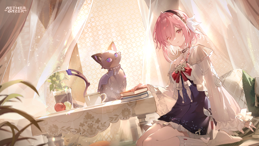 1girl absurdres aether_gazer artist_request black_hairband blue_pupils book bow braid cat copyright_name cup curtains hair_tubes hairband highres kneeling long_sleeves official_art pink_eyes pink_hair plant purple_eyes red_bow ribbon single_hair_tube skuld_(aether_gazer) socks table teacup white_ribbon white_socks
