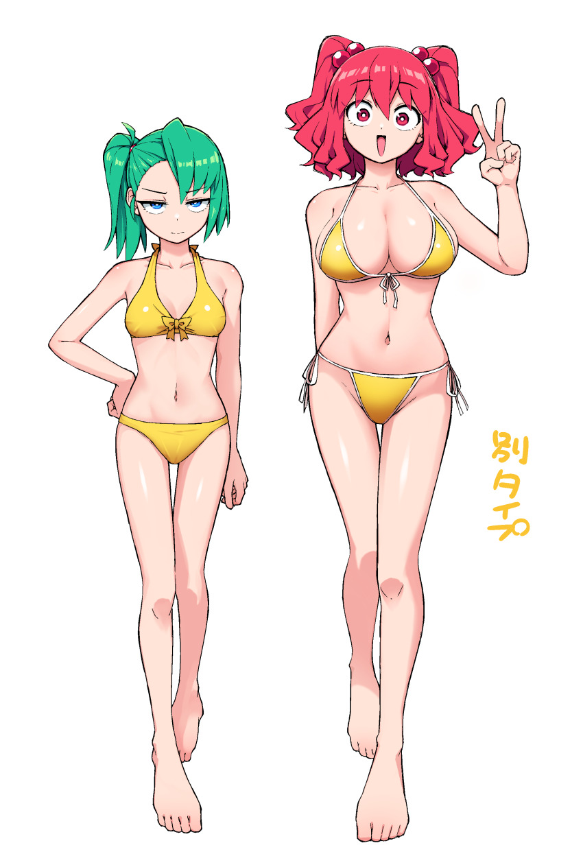 2girls absurdres alternate_costume alternate_hairstyle barefoot bikini blue_eyes bow bow_bikini breasts cleavage closed_mouth collarbone commentary_request full_body green_hair hair_bobbles hair_ornament halterneck highres large_breasts looking_at_viewer multiple_girls navel one_side_up onozuka_komachi red_eyes red_hair shiki_eiki side-tie_bikini_bottom simple_background smile solidus_(sword_cube) stomach swimsuit toes touhou translation_request two_side_up v white_background yellow_bikini yellow_bow