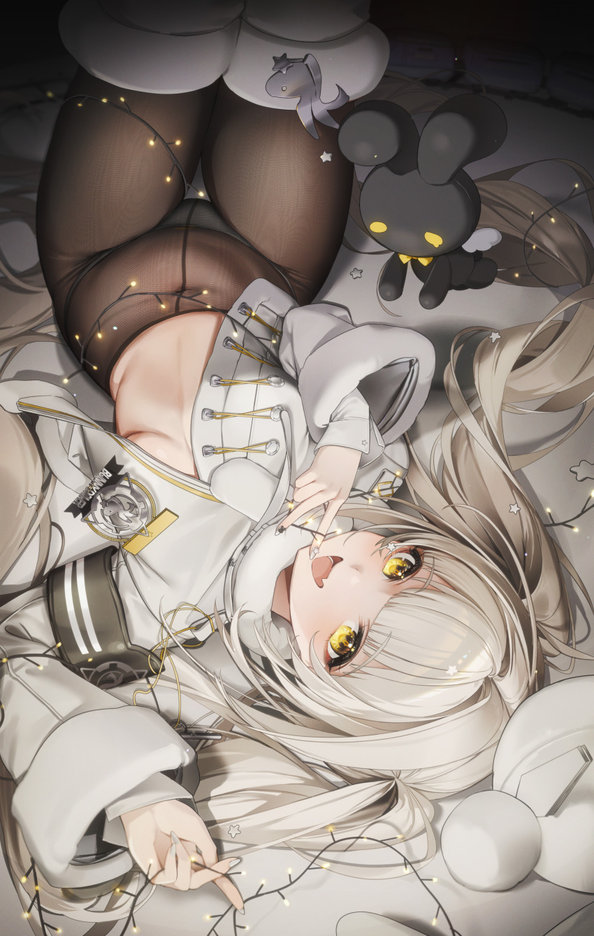 1girl :d absurdres arm_up armband bed_sheet black_armband blanc_(fortune_express)_(nikke) blanc_(nikke) blunt_bangs boots breasts brown_pantyhose christmas_lights commentary cowboy_shot crotch_seam fang fingernails fur-trimmed_boots fur-trimmed_jacket fur-trimmed_sleeves fur_trim goddess_of_victory:_nikke grey_hair hair_ornament hand_to_own_mouth hand_up hat highres jacket knees_up long_hair long_sleeves looking_at_viewer lying nail_art navel no_bra no_pants official_alternate_costume on_back on_bed open_mouth panties panties_under_pantyhose pantyhose partially_unbuttoned skin_fang small_breasts smile solo star_(symbol) star_hair_ornament stuffed_animal stuffed_rabbit stuffed_toy thigh_boots thigh_gap twintails underboob underwear unworn_hat unworn_headwear upside-down very_long_hair white_boots white_hat white_jacket white_nails white_panties white_pantyhose wide_sleeves y_unevenness yellow_eyes