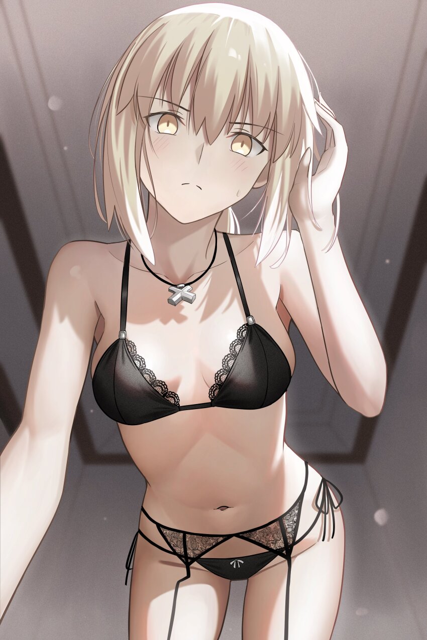 1girl absurdres artoria_pendragon_(fate) bare_shoulders black_bra black_panties blonde_hair bra breasts cleavage commentary english_commentary fate/grand_order fate_(series) garter_belt highres lace lace-trimmed_bra lace_trim long_hair longdq3008 looking_at_viewer low_ponytail medium_breasts navel panties ponytail revision saber_alter sidelocks solo thighs underwear yellow_eyes