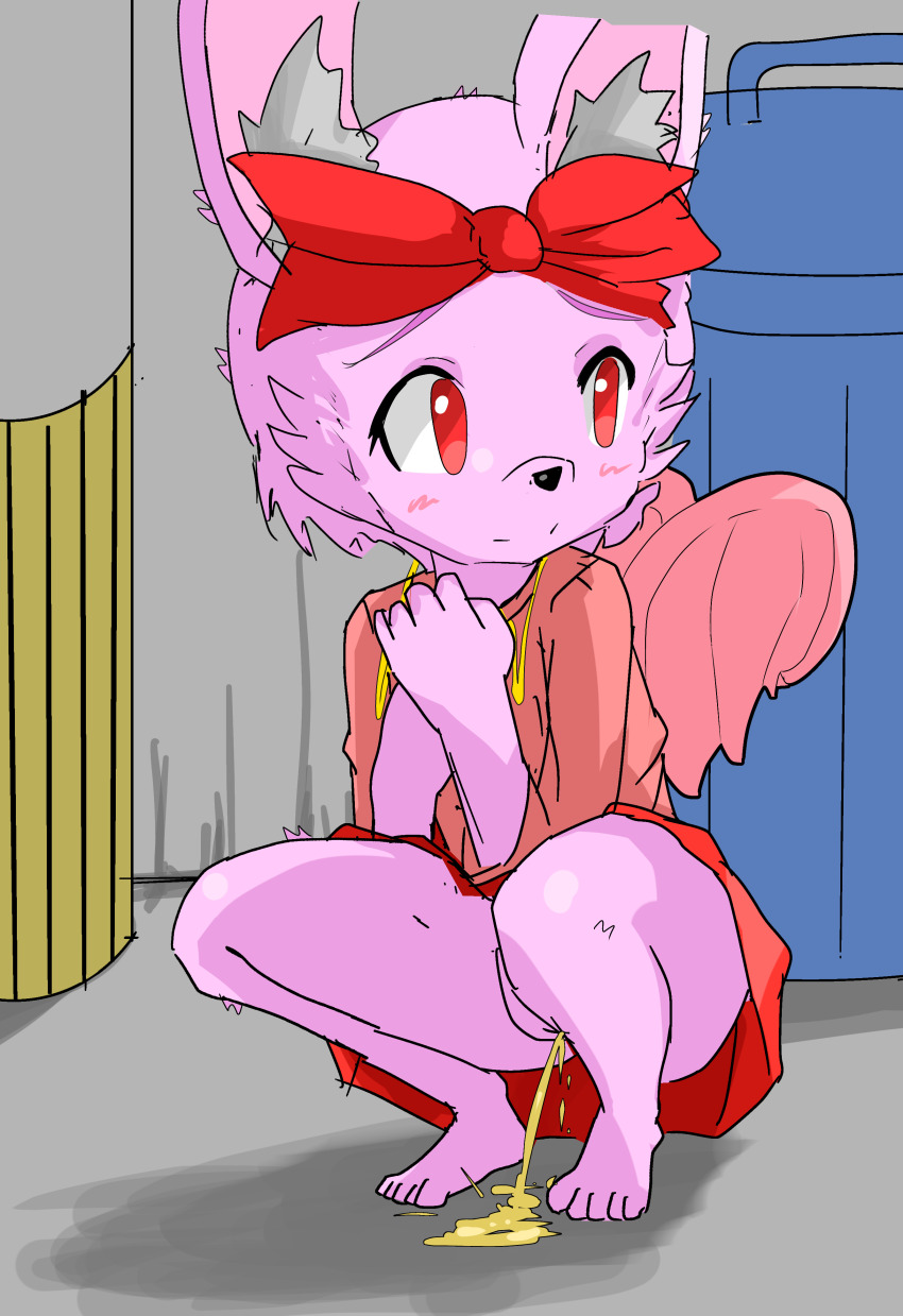1girl alley animal animal_ears barefoot blush borrowed_character bow furry hair_bow loli long_sleeves looking_to_the_side no_panties obonchop original peeing pink_fur pink_shirt puddle pussy red_bow red_eyes red_skirt shirt skirt squatting trash_can wings