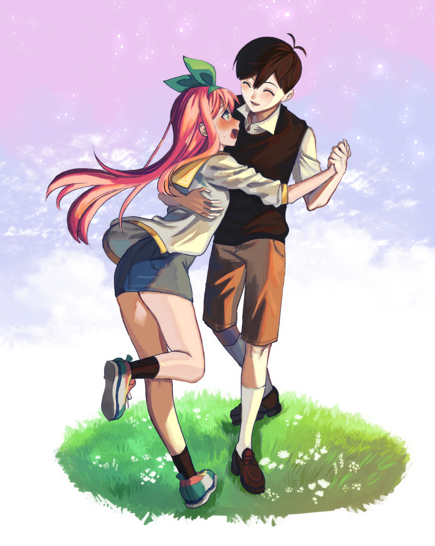 1boy 1girl :d ankle_socks antenna_hair ass_peek aubrey_(faraway)_(omori) aubrey_(omori) bare_arms black_hair black_shoes black_socks black_sweater_vest blue_skirt blush bow_hairband brown_shorts cloud collarbone collared_shirt commentary_request cumulonimbus_cloud dancing denim denim_skirt double-parted_bangs face-to-face facing_another fingernails full_body green_eyes green_hairband hair_behind_ear hair_between_eyes hairband hand_on_another's_back hetero highres holding_hands jacket kneehighs light_particles loafers long_hair long_sidelocks looking_at_another miniskirt no_pupils nose_blush omori on_grass open_mouth out_of_character pale_skin pink_hair pink_sky pocket profile purple_sky sailor_collar shirt shoes short_hair short_sleeves shorts shousan_(hno3syo) sidelocks sideways_mouth simple_background skirt sky smile sneakers socks standing standing_on_one_leg straight_hair sunny_(omori) sweatdrop sweater_vest three-quarter_sleeves tongue very_long_hair very_short_hair white_jacket white_shoes white_socks yellow_sailor_collar
