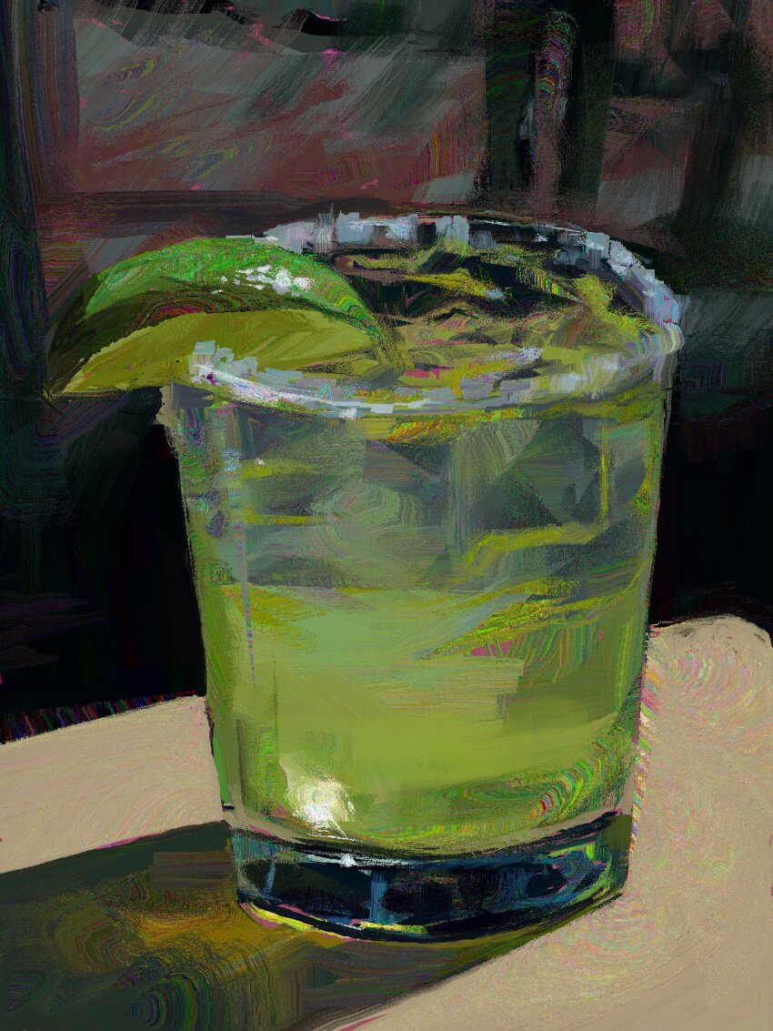 cup food food_focus fruit highres lime_(fruit) lime_slice no_humans on_table original painterly refraction table twulfs