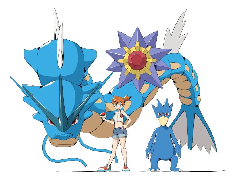 1girl asymmetrical_hair bare_arms crop_top denim full_body gen_1_pokemon golduck gyarados hand_on_own_hip holding holding_poke_ball looking_at_viewer mega_pokemon midriff misty_(pokemon) navel nintendo orange_hair poke_ball poke_ball_(basic) pokemon pokemon_lgpe ponytail psaber97 shirt shoes short_hair shorts side_ponytail simple_background smile standing starmie tank_top white_background white_shirt