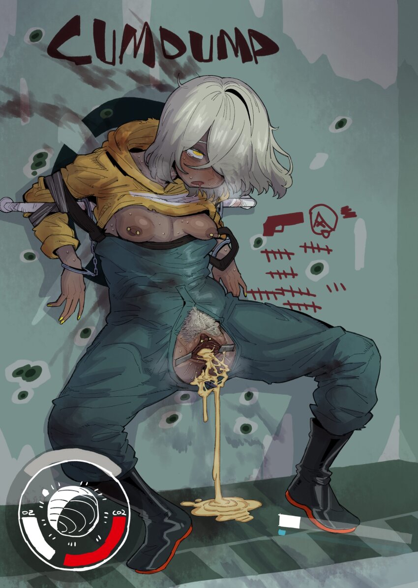 1girl absurdres blue_overalls breasts breasts_out clothes_lift commentary_request cum cum_in_pussy cumdrip cumdump dark-skinned_female dark_skin dilation_tape ebonyxh eylin_eyla_(ebonyxh) female_pubic_hair highres hood hoodie hoodie_lift nipple_bar nipple_piercing nipples open_overalls original overalls piercing pubic_hair public_use restrained rolling_eyes short_hair small_breasts solo spread_legs starfield tally tape uncensored white_hair yellow_eyes yellow_hoodie