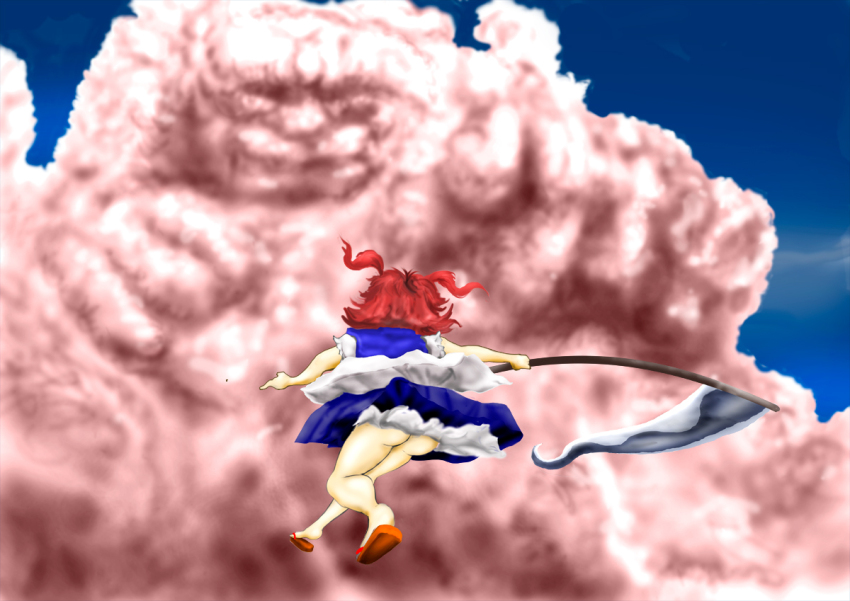 1boy 1girl ass cloud commentary_request from_behind holding holding_scythe kams no_panties okobo onozuka_komachi platform_sandals red_hair sandals scythe short_hair touhou twintails unzan