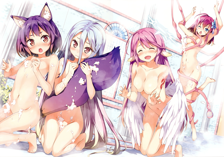 10s 4girls :3 :d absurdres animal_ear_fluff animal_ears bare_shoulders barefoot bathing bathroom blue_eyes blush breasts censored chestnut_mouth closed_eyes collarbone colored_eyelashes convenient_censoring drooling embarrassed feet flat_chest flower fox_ears fox_tail gradient_hair hair_flower hair_ornament hatsuse_izuna highres holding_another's_tail hugging_another's_tail hugging_tail indoors jibril_(no_game_no_life) kantoku kneeling large_breasts loli long_hair low_wings multicolored_hair multiple_girls navel no_game_no_life non-web_source nude one_eye_closed open_mouth purple_hair red_eyes red_hair scan sexually_suggestive shiro_(no_game_no_life) silver_hair smile soap_bubbles soap_censor stephanie_dora suggestive_fluid tail tattoo tentacles toes very_long_hair white_wings wings