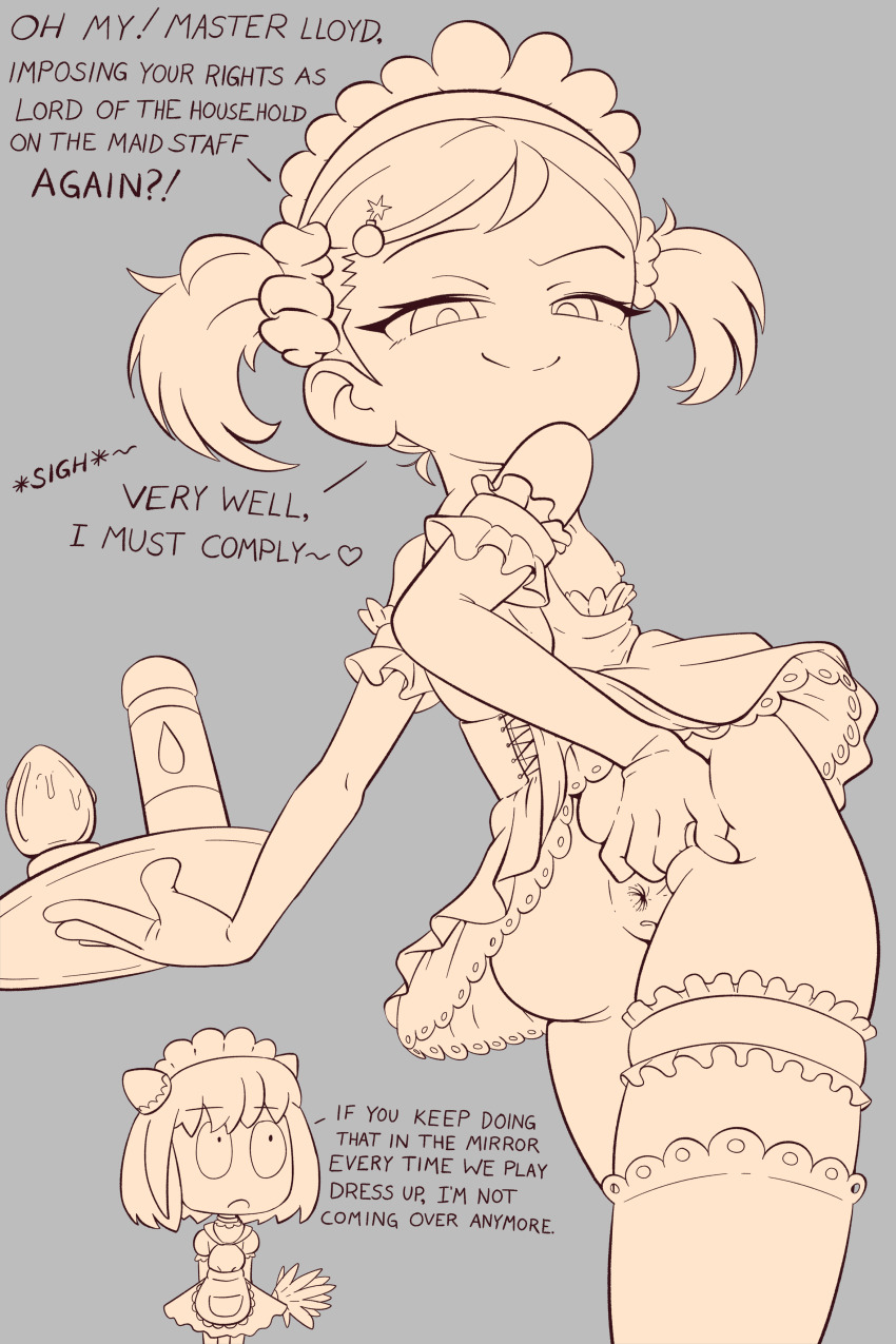 2girls absurdres anus anya_(spy_x_family) apron ass becky_blackbell bottomless butt_plug dress elbow_gloves english_text gloves grey_background hair_ornament hairclip hairpods highres loli lube lube_bottle maid maid_apron maid_headdress medium_hair mesugaki monochrome multiple_girls poethewondercat pussy sex_toy simple_background smile spread_ass spy_x_family thigh_strap thighhighs twintails unfinished