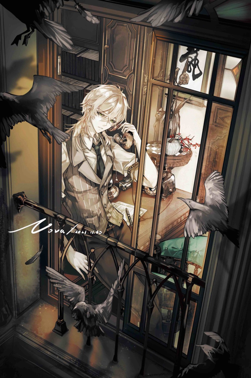 1boy absurdres alkaid_mcgrath alkaid_mcgrath_(mystery) antique_phone armchair artist_name belt bird black_belt black_necktie black_pants blonde_hair bookshelf branch brown_vest chair collared_shirt commentary corded_phone crow dated door english_commentary feet_out_of_frame flower from_outside green_eyes hair_between_eyes hanging_scroll highres holding holding_phone indoors leaning_on_table light_particles looking_at_viewer looking_outside lotus_pod lovebrush_chronicles male_focus medium_hair necktie nnnnnova office open_window pale_skin pants paper parted_lips pen phone pinstripe_pattern pinstripe_vest plum_blossoms procreate_(medium) red_flower rotary_phone scroll shirt sideways_glance sleeve_garter sleeves_rolled_up solo standing table vase vest white_shirt wilted_flower window wolf_cut