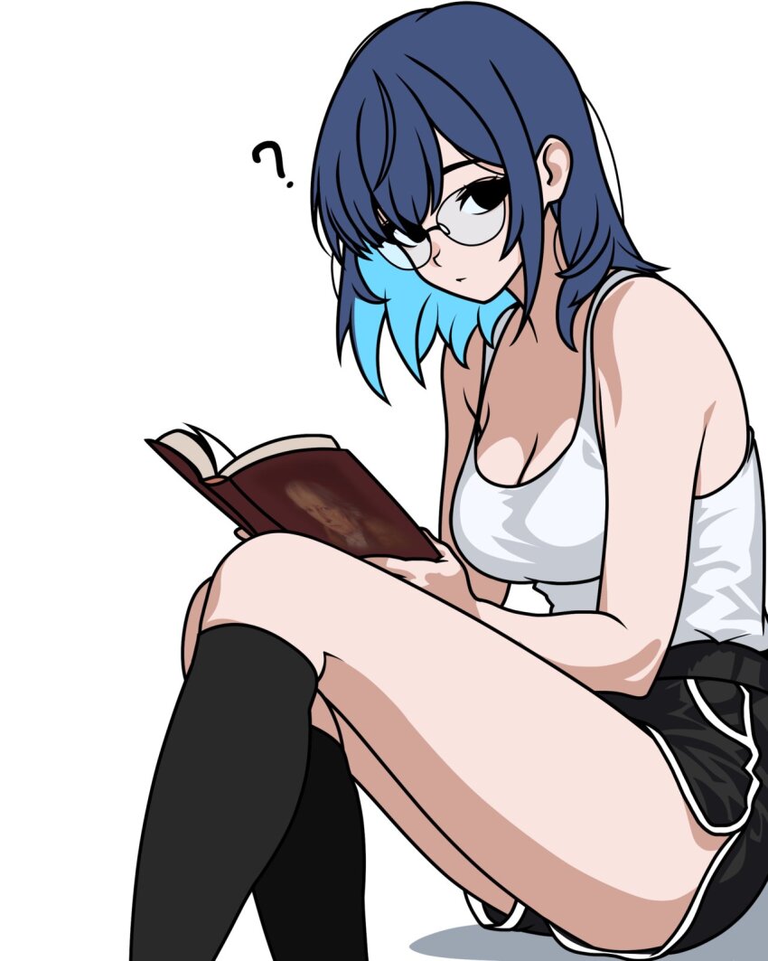 1girl ? becauseimajinx black_shorts black_socks blue_hair book breasts cleavage commentary dolphin_shorts expressionless glasses highres holding holding_book kneehighs looking_at_viewer medium_hair open_book original shirt shorts simple_background sitting sleeveless sleeveless_shirt socks solo symbol-only_commentary white_background white_shirt