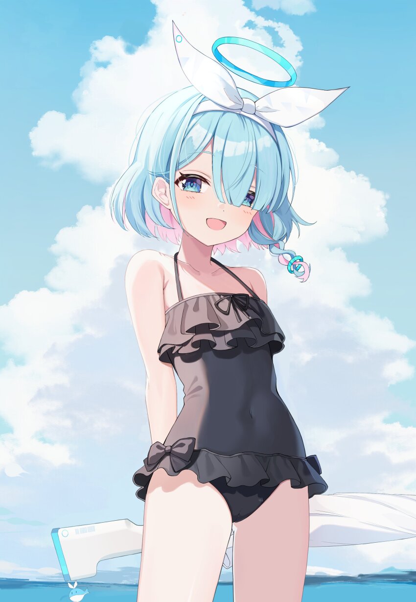 1girl absurdres arms_behind_back arona_(blue_archive) black_bow black_one-piece_swimsuit blue_archive blue_eyes blue_hair blue_halo blush bow bow_hairband braid cameltoe cloud cloudy_sky colored_inner_hair covered_navel cowboy_shot eyes_visible_through_hair flat_chest frilled_one-piece_swimsuit frills hair_over_eyes hairband halo highres holding holding_umbrella loli looking_at_viewer multicolored_hair ocean one-piece_swimsuit open_mouth pink_hair shirokuma_(zeroillya) short_hair single_braid sky solo swimsuit umbrella whale_ornament white_hair white_hairband