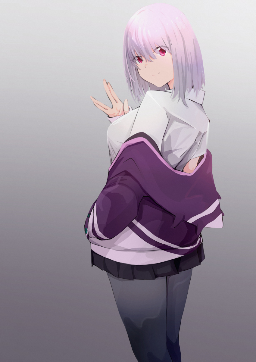 1girl a_(c3einycggcevevf) absurdres black_pantyhose black_skirt breasts closed_mouth collared_shirt commentary gradient_background gridman_universe highres jacket large_breasts looking_back off_shoulder pantyhose pleated_skirt purple_hair purple_jacket red_eyes shinjou_akane shirt short_hair simple_background skirt smile solo ssss.gridman v white_shirt