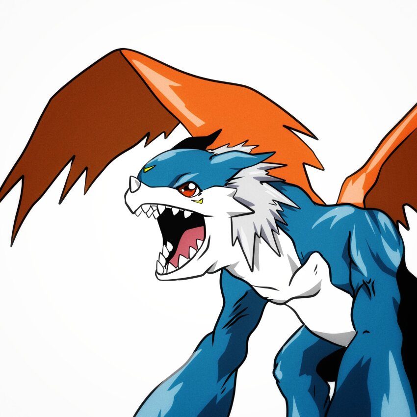 digimon digimon_(creature) highres imperialdramon imperialdramon_dragon_mode red_eyes sharp_teeth solo teeth tongue what white_hair bad_tag wings