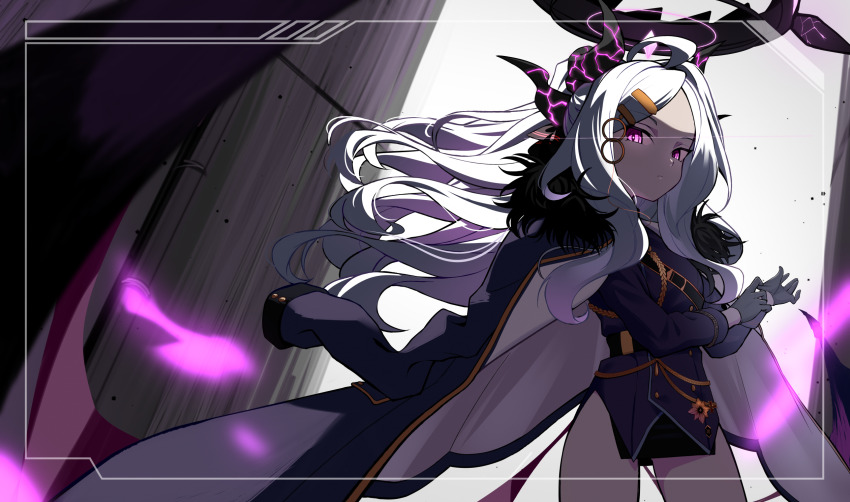 1girl ahoge black_coat black_halo black_skirt blue_archive blush coat coat_on_shoulders demon_girl demon_horns demon_wings haibarasaika halo highres hina_(blue_archive) horns long_hair looking_at_viewer low_wings purple_eyes skirt solo standing very_long_hair white_hair wings