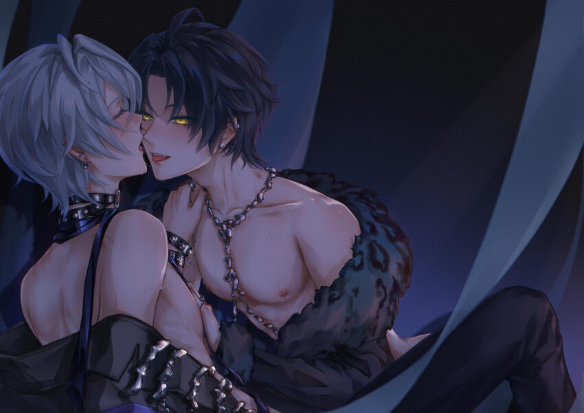 2boys asaba_harumasa bite_mark black_coat black_hair coat commentary_request grey_hair highres multiple_boys nipples open_clothes sweat tdjchh tongue wise_(zenless_zone_zero) yaoi zenless_zone_zero