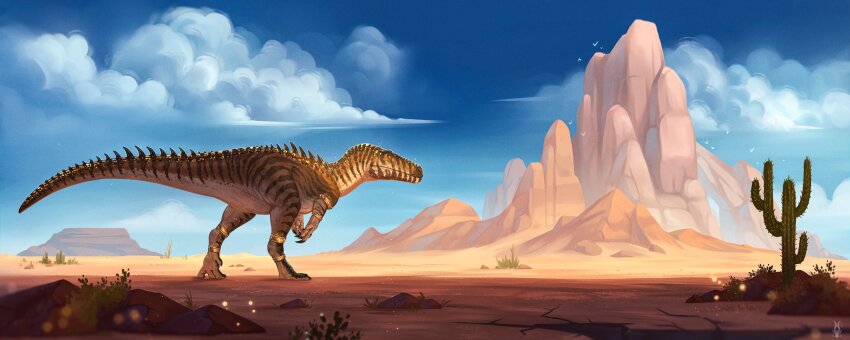 absurdres animal_focus cactus cloud commentary commentary_request creature desert dinosaur fantasyartistry grass highres mountain no_humans paleoart sky sun