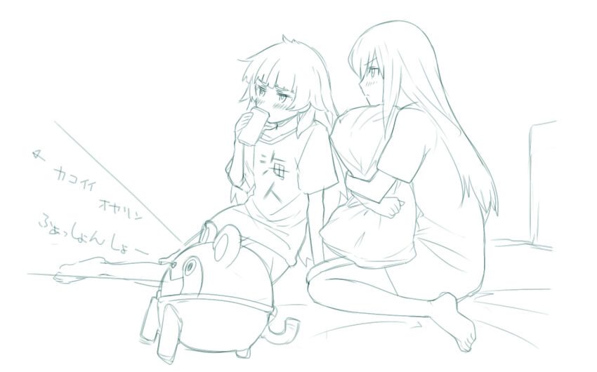 2girls barefoot blush commentary_request drinking drunk highres hiyajou_maho hugging_object kneeling long_hair loungewear makise_kurisu menomorute monochrome multiple_girls pillow pillow_hug science_adventure shirt short_sleeves steins;gate steins;gate_0 t-shirt upa_(steins;gate)