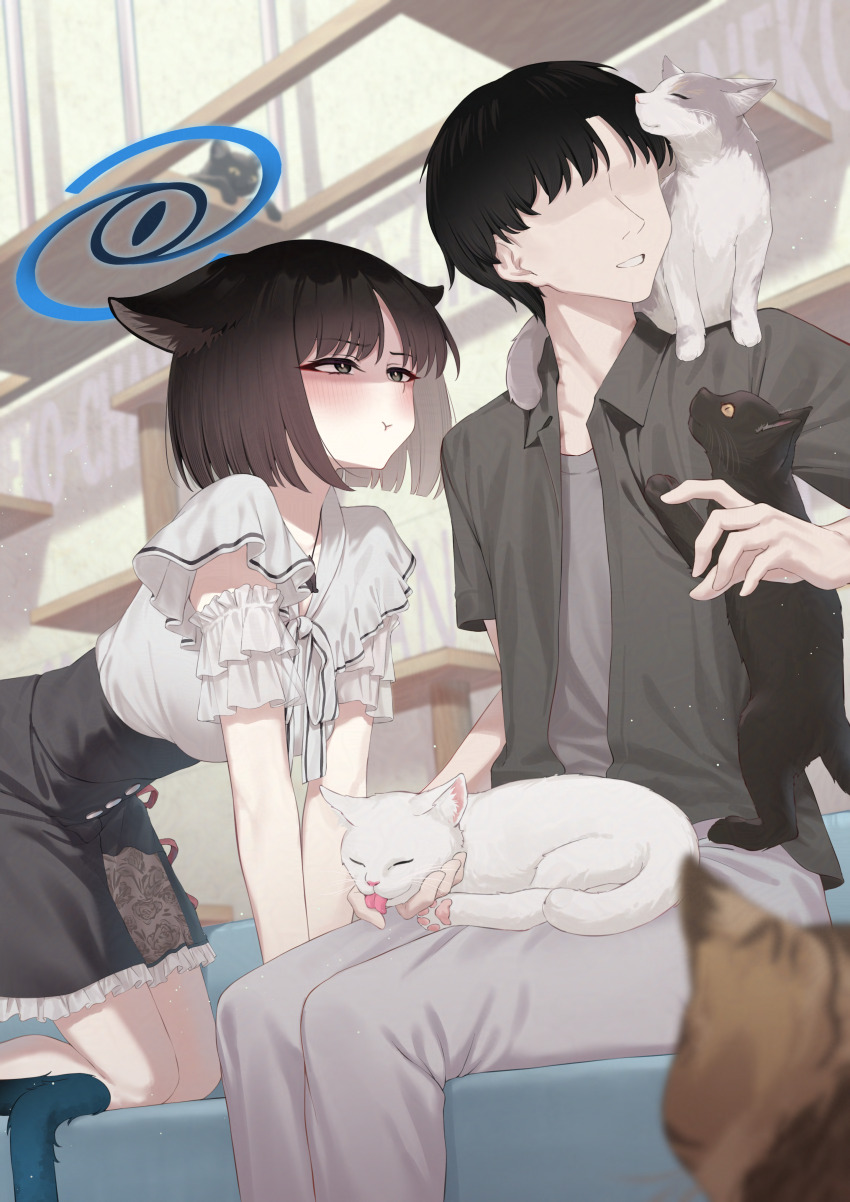 1boy 1girl absurdres animal animal_ears animal_on_lap animal_on_shoulder black_eyes black_hair black_shirt black_skirt blue_archive blue_halo cat cat_ears cat_girl cat_on_lap cat_on_shoulder cat_tail collared_shirt commentary_request grey_shirt halo high-waist_skirt highres kikyou_(blue_archive) looking_at_animal multiple_tails no_eyes on_lap pants pizza_(pizzania_company) sensei_(blue_archive) shirt short_hair short_sleeves skirt tail translation_request two_tails white_pants white_shirt