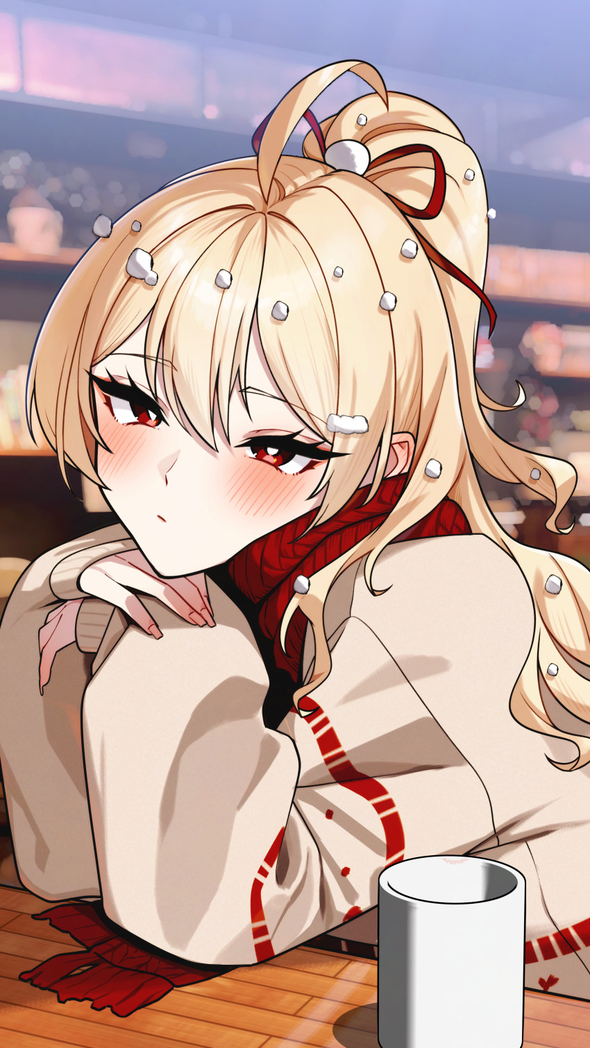 1girl absurdres ahoge blonde_hair blurry blurry_background blush bright_pupils brown_sweater closed_mouth cup hair_between_eyes hair_ornament hair_ribbon head_rest highres jingburger jirari korean_commentary long_hair long_sleeves looking_at_viewer mug pom_pom_(clothes) ponytail puffy_long_sleeves puffy_sleeves red_eyes red_ribbon red_scarf ribbon scarf sleeves_past_wrists solo sweater table upper_body virtual_youtuber waktaverse white_pupils