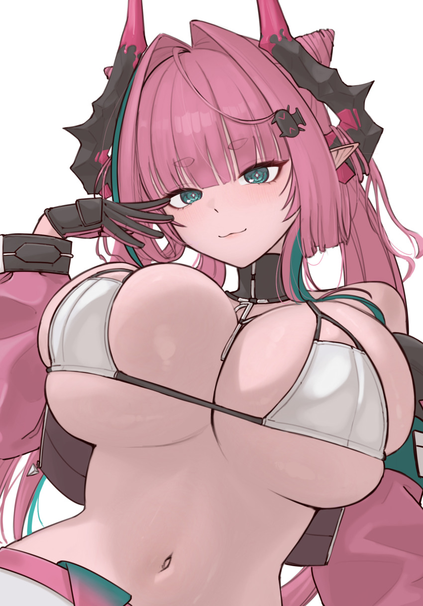 1girl :3 aqua_eyes aqua_hair aqua_streaks arknights arknights:_endfield b_project_18 bare_shoulders between_breasts bikini bikini_top_only black_gloves blunt_bangs breasts closed_mouth collarbone commentary_request cropped_jacket dragon_girl dragon_horns gloves hair_intakes hair_ornament hand_up head_tilt highres horns jacket large_breasts long_hair long_sleeves looking_at_viewer multicolored_hair multicolored_horns navel off_shoulder pants pink_hair pink_jacket sideboob sidelocks simple_background solo streaked_hair string_bikini swimsuit twintails two-sided_gloves two-tone_horns underboob upper_body very_long_hair white_background white_bikini white_pants yvonne_(arknights)