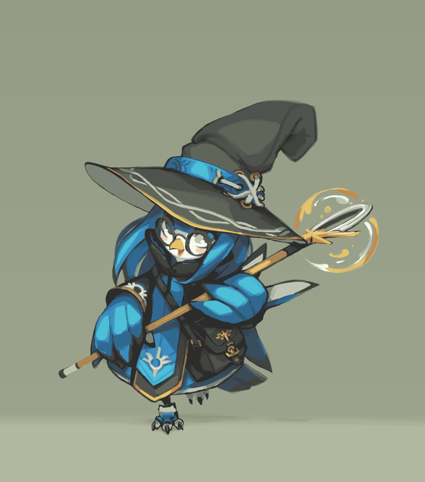 2020 absurdres bag bird bird_girl bird_tail bird_wings blue_fur chinese_commentary cloak commentary english_commentary fantasy feather_hair feathered_wings furry furry_female glasses hat highres krita_(medium) looking_at_viewer looking_up mage_staff magic original penny_the_siren shoulder_bag signature siren_(mythology) spirit_animals_in_disguise staff standing standing_on_one_leg tabletop_rpg tail tsurime tyson_tan upturned_eyes wings witch witch_hat wizard