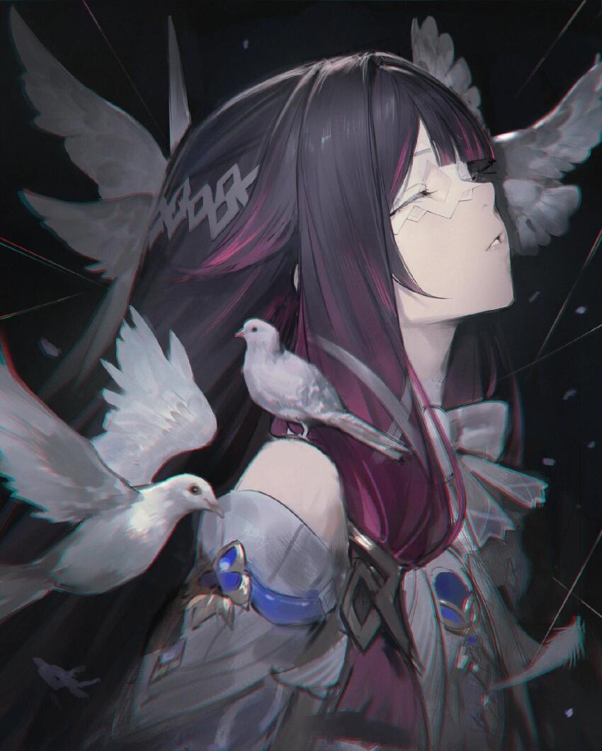 1girl animal animal_on_shoulder bird bird_on_shoulder black_background black_hair chinese_commentary chromatic_aberration closed_eyes columbina_(genshin_impact) commentary_request dove eye_mask facing_to_the_side from_side genshin_impact head_wings highres long_hair mask mmj multicolored_hair parted_lips solo streaked_hair upper_body white_mask wings