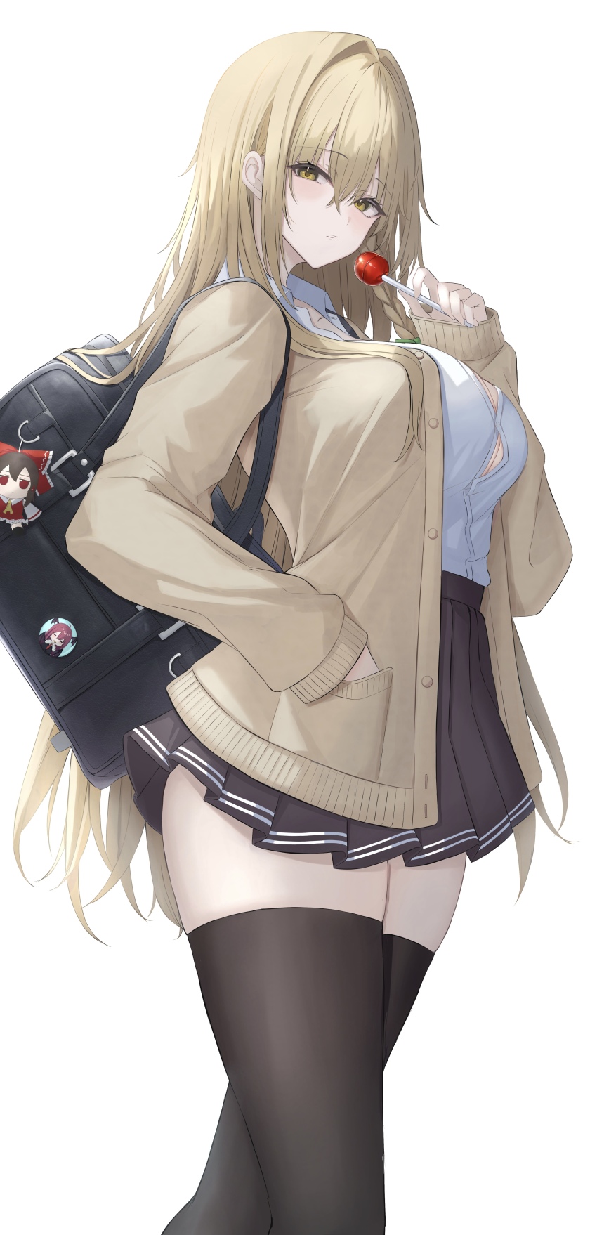 1girl 7saki absurdres alternate_costume bag black_skirt black_thighhighs blonde_hair breasts candy character_doll commentary_request doll food hair_between_eyes hakurei_reimu hand_in_pocket highres holding holding_candy holding_food holding_lollipop kirisame_marisa koakuma large_breasts lollipop long_hair long_sleeves looking_at_viewer miniskirt pleated_skirt school_bag school_uniform simple_background skirt solo thighhighs touhou white_background yellow_eyes