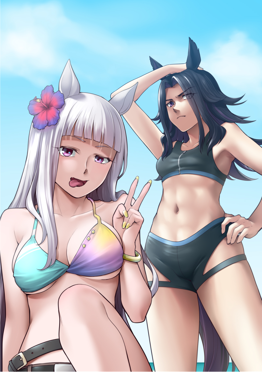 2girls animal_ears arm_up armpits belt bikini black_hair blunt_bangs breasts closed_mouth commentary_request day fenomeno_(umamusume) fingernails flower gold_ship_(umamusume) grey_hair grey_streaks hair_flower hair_ornament hand_on_own_head hand_on_own_hip hand_up highres horse_ears horse_girl horse_tail legs_apart long_hair looking_at_viewer medium_breasts multicolored_hair multiple_girls nail_polish navel ogry_ching open_mouth outdoors pink_eyes purple_eyes purple_hair purple_streaks raised_eyebrow sitting standing stomach streaked_hair swimsuit tail tankini toned toned_female tongue tongue_out umamusume unaligned_breasts underboob v v-shaped_eyebrows very_long_hair yellow_nails zipper zipper_pull_tab