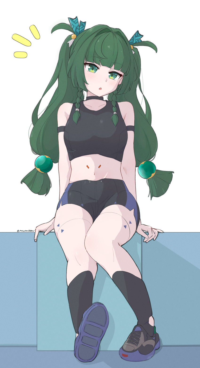 1girl absurdres android blunt_bangs blush braid commentary crop_top english_commentary full_body green_eyes green_hair hair_ornament highres looking_at_viewer makuraapillow navel open_mouth qingyi_(zenless_zone_zero) revision shorts side_braids sidelocks simple_background sitting solo sphere_hair_ornament thighs twintails white_background zenless_zone_zero