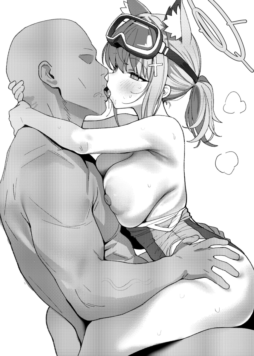 1boy 1girl animal_ear_fluff animal_ears arms_around_neck bare_shoulders blue_archive breasts breasts_out competition_swimsuit cross cross_hair_ornament extra_ears faceless faceless_male french_kiss goggles goggles_on_head greyscale hair_ornament halo hands_on_another's_hips hetero highleg highleg_one-piece_swimsuit highres inverted_cross kiss large_breasts medium_hair monochrome official_alternate_costume one-piece_swimsuit rong_hui sex shiroko_(blue_archive) shiroko_(swimsuit)_(blue_archive) sitting sitting_on_lap sitting_on_person straddling swimsuit upright_straddle wolf_ears