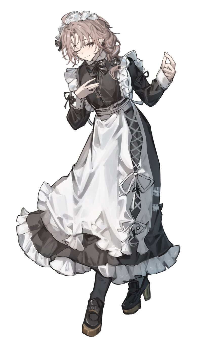 1boy apron black_bow black_dress black_shoes bow bowing braid brown_hair closed_mouth commentary crossdressing crossdressing_(mtf) dress frilled_dress frills full_body grey_eyes hair_between_eyes highres kanae_(19th_costume)_(nijisanji) kanae_(nijisanji) long_hair looking_at_viewer maid maid_apron maid_headdress mole mole_under_eye nijisanji official_alternate_costume one_eye_closed shoes simple_background smile solo toripii_(tori_pippi_07) virtual_youtuber white_background