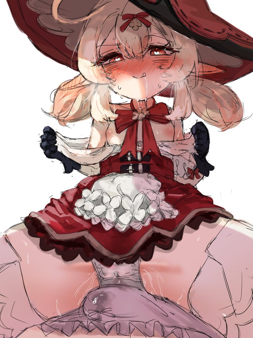 1futa 1girl absurdres blush bulge erection erection_under_clothes futanari genshin_impact heart heart-shaped_pupils highres klee_(blossoming_starlight)_(genshin_impact) klee_(genshin_impact) licking_lips loli lumine_(genshin_impact) pulling_own_clothes straddling symbol-shaped_pupils thighhighs tongue tongue_out torten