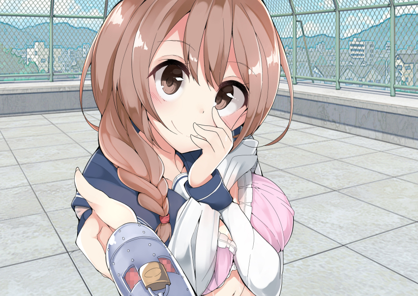1boy 1girl arm_between_breasts between_breasts blue_sailor_collar blush bra braid breasts brown_eyes brown_hair censored chain-link_fence chastity_cage closed_mouth clothes_lift commentary_request femdom fence hair_between_eyes hair_over_one_eye hair_ribbon hand_on_own_face hetero highres large_breasts lock long_hair long_sleeves looking_at_viewer m_shousetsu_doumei mosaic_censoring on_rooftop original outdoors outstretched_arm padlock padlocked_chastity_cage pink_bra pov pov_crotch ribbon sailor_collar school_uniform serafuku shirt_lift single_braid smile solo_focus tile_floor tiles touching_another's_chastity_cage town tube_chastity_cage underwear upper_body variant_set white_trim