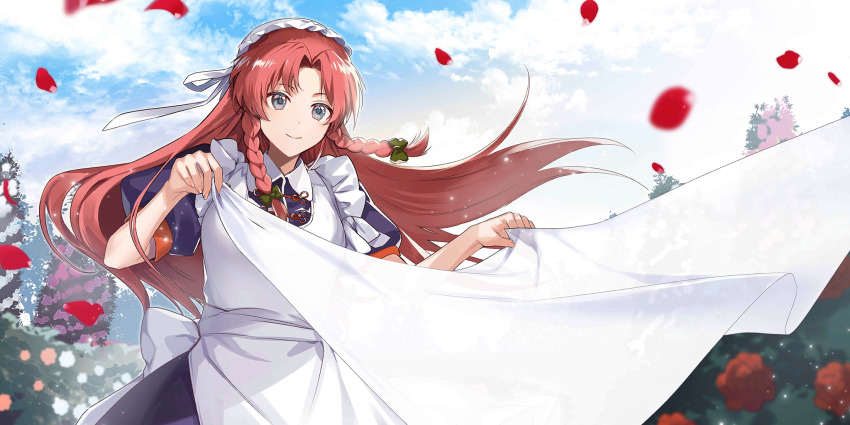 1girl alternate_costume apron artist_request blue_eyes blue_sky braid breasts closed_mouth cloud cloudy_sky day dress enmaided falling_petals flower game_cg highres hong_meiling hong_meiling_(chinese_maid_for_the_day) long_hair maid maid_apron medium_breasts official_art outdoors petals puffy_short_sleeves puffy_sleeves purple_dress red_flower red_hair red_petals red_rose rose short_sleeves sky smile solo third-party_source touhou touhou_lostword twin_braids very_long_hair white_apron