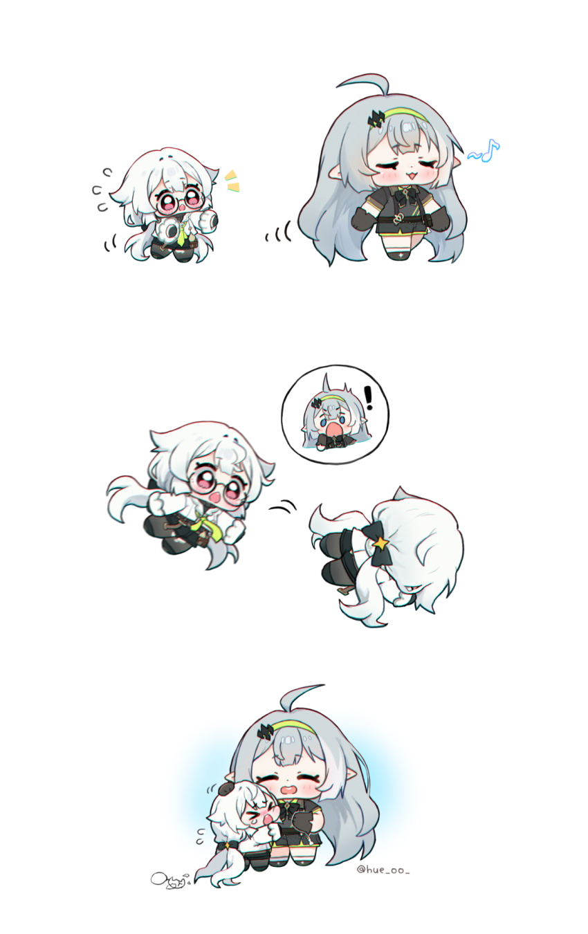 >_< 2girls :3 :d ahoge black-framed_eyewear black_bow black_gloves black_shirt black_shoes black_shorts blunt_bangs blush bow chibi chibi_only closed_eyes commentary falling female_tyrant_(stella_sora) full_body fuyuka_(stella_sora) glasses gloves green_hairband grey_hair hairband highres hue_oo long_hair motion_lines multiple_girls open_mouth pointy_ears red_eyes round_eyewear semi-rimless_eyewear shirt shoes short_sleeves shorts simple_background smile socks spoken_character standing stella_sora symbol-only_commentary tears twintails tyrant_(stella_sora) under-rim_eyewear very_long_hair white_background white_socks