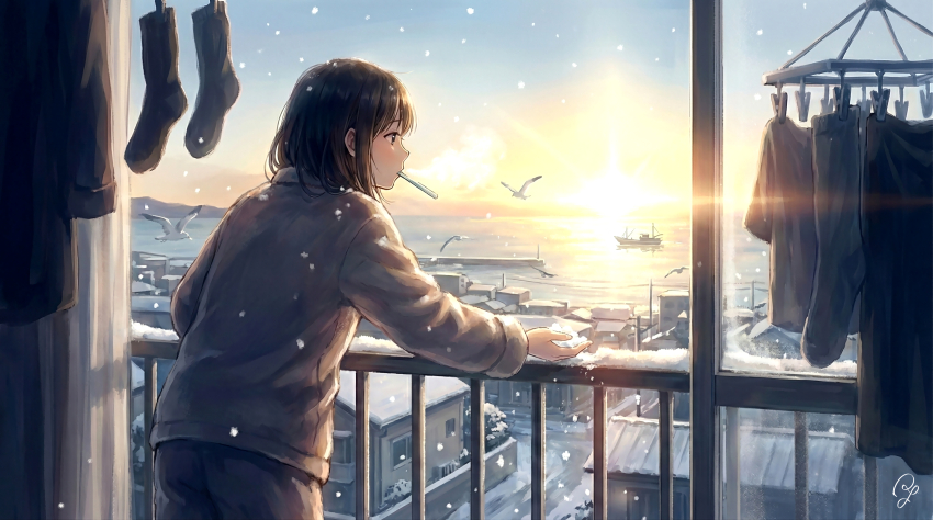 1girl absurdres bird black_eyes black_hair cityscape commentary_request drying drying_clothes highres laundry ocean open_window original scenery seagull ship signature snow snow_in_hand snowing solo standing sunrise toothbrush toothbrush_in_mouth watercraft willta window