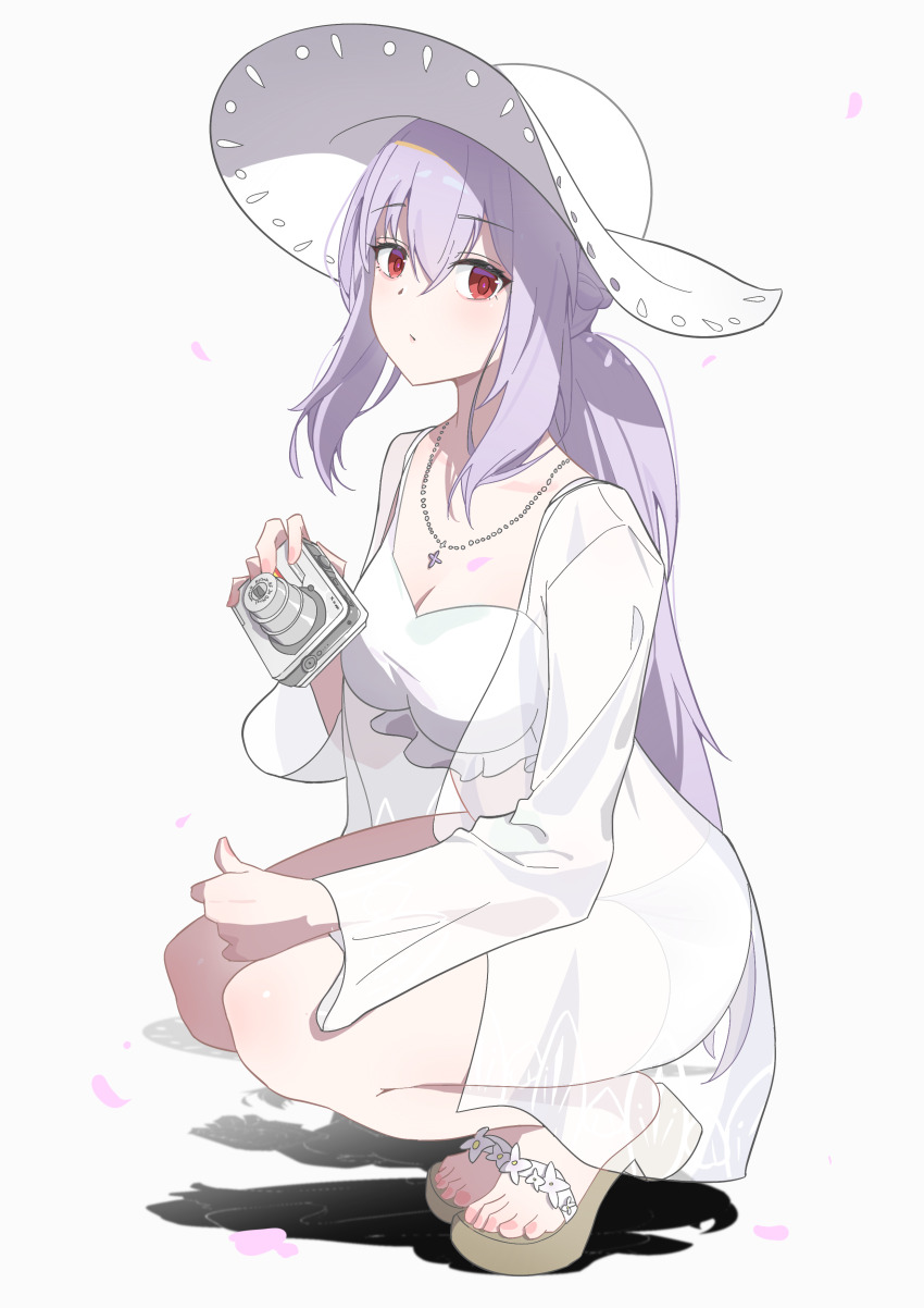 1girl absurdres atsuko_(blue_archive) atsuko_(swimsuit)_(blue_archive) bikini blue_archive breasts camera frilled_bikini frills hat highres holding holding_camera jewelry long_hair looking_at_viewer medium_breasts nail_polish necklace official_alternate_costume ponytail purple_hair red_eyes sandals see-through_clothes sidelocks simple_background solo squatting sun_hat swimsuit toenail_polish toenails toes white_background white_bikini white_hat x_am