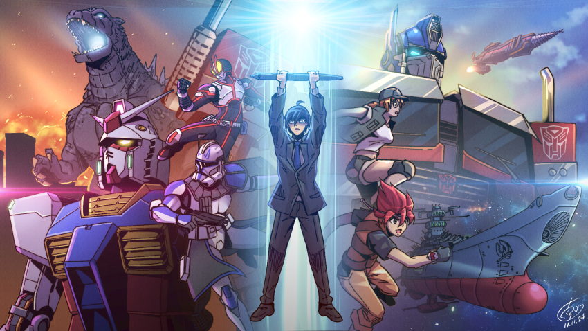 1girl 4boys artist_self-insert autobot baseball_cap black_gloves black_jacket black_pants black_shoes blue_eyes blue_necktie breasts brown_hair brown_shirt brown_vest bumblebee_(movie) captain_rex clone_trooper cloud commentary cowlick crossover dated dinofarm english_commentary fio_germi fire glasses gloves glowing glowing_eye godzilla godzilla:_final_wars godzilla_(series) goutengou green_hat green_shorts green_vest gundam hat helmet highres holding holding_stylus jacket kaiju kamen_rider kamen_rider_555 kamen_rider_faiz mecha medium_breasts metal_slug mobile_suit mobile_suit_gundam multiple_boys multiple_crossover necktie ongget1 optimus_prime pants red_eyes red_hair robot rock_(dinofarm) rx-78-2_gundam science_fiction shirt shoes shorts signature smile space spacecraft star_wars star_wars:_the_clone_wars stylus toho tokusatsu transformers transformers_(live_action) uchuu_senkan_yamato v-fin vest yamato_(uchuu_senkan_yamato) yellow_eyes