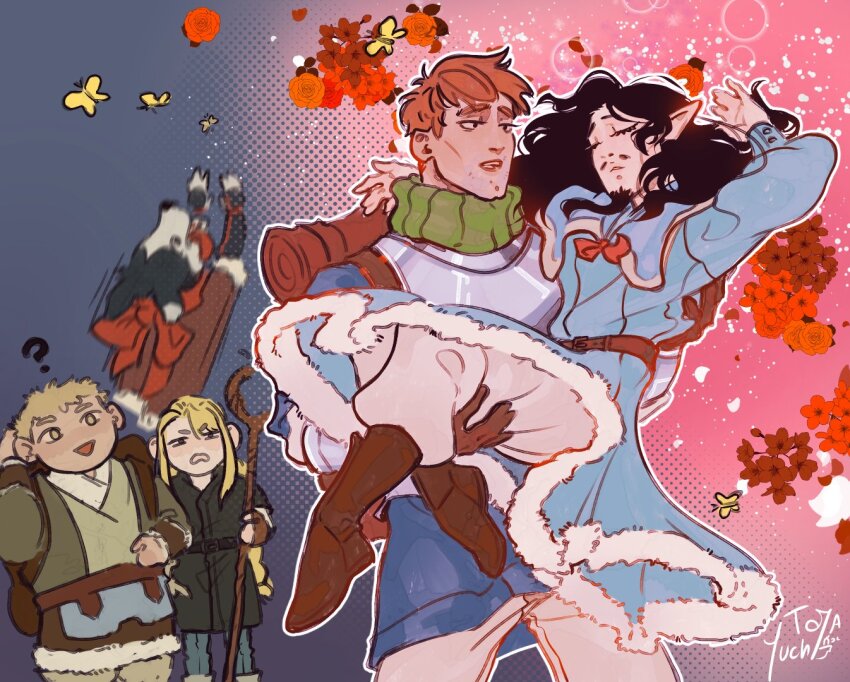 2girls 3boys ? alternate_species beard bishie_sparkle black_hair blonde_hair carrying cheekbones chilchuck_tims chilchuck_tims_(tallman) clueless confused dungeon_meshi dwarf elf facial_hair flipped_hair furry furry_female goatee_stubble halfling izutsumi izutsumi_(kobold) laios_touden laios_touden_(dwarf) long_beard long_hair marcille_donato marcille_donato_(half-foot) motion_blur multiple_boys multiple_girls mustache pointy_ears princess_carry scratching_head senshi_(dungeon_meshi) senshi_(elf)_(dungeon_meshi) short_hair stubble thick_mustache toyayuchi