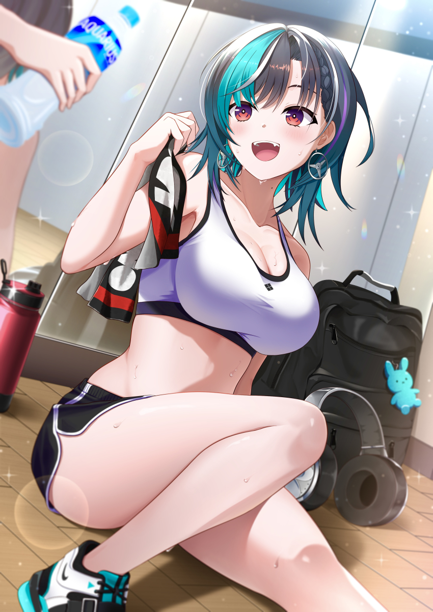 1girl 1other :d absurdres aqua_hair black_hair black_shorts braid braided_bangs breasts bright_pupils cleavage commentary_request dolphin_shorts earrings highres holding hololive hololive_dev_is indoors jewelry knee_up large_breasts mirror open_mouth purple_streaks red_eyes rindo_chihaya same1029 shoes short_shorts shorts sitting smile sneakers solo_focus sports_bra teeth upper_teeth_only virtual_youtuber white_pupils white_sports_bra white_streaks