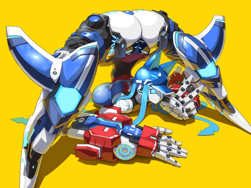 1girl absurdres animal_ears ass baseball_cap blue_hat breasts cat_ears commission full_body hands_on_ground hat highres hip_armor humanoid_robot jack-o&#039;_challenge jet_(jetngs) joints large_breasts long_hair long_sidelocks looking_at_viewer mechanical_arms mechanical_hands mechanical_legs no_mouth original phantasy_star phantasy_star_online_2 robot robot_girl robot_joints saran_wrap_(sf_seijin) second-party_source sidelocks simple_background skeb_commission solo top-down_bottom-up v yellow_background