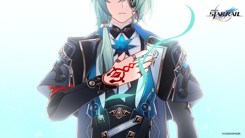 1boy anaxa_(honkai:_star_rail) ascot black_capelet black_shirt blue_vest capelet commentary copyright_name copyright_notice english_commentary eyepatch eyes_out_of_frame green_hair hand_over_heart hand_tattoo head_out_of_frame highres honkai:_star_rail honkai_(series) jewelry long_sleeves multiple_rings official_art ribbon ring serious shirt solo straight-on string string_of_fate tattoo upper_body vest white_ascot