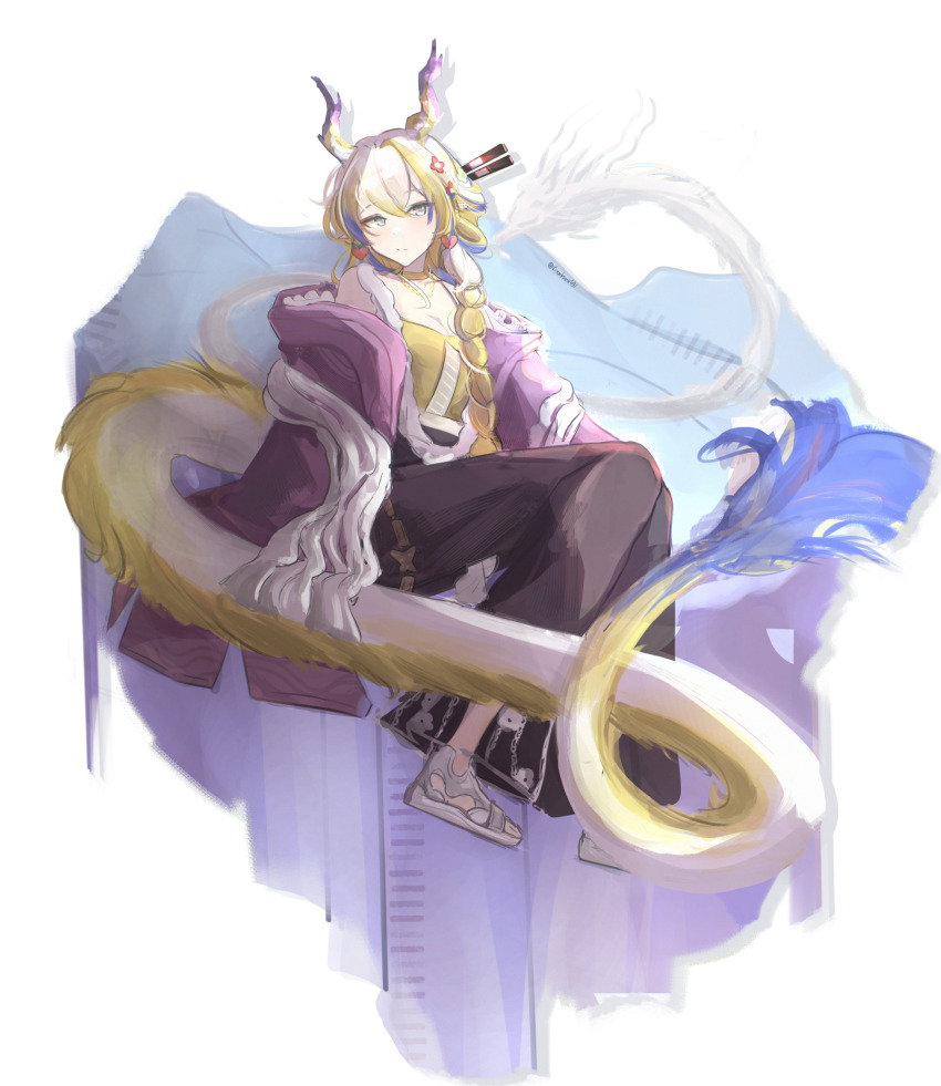 1girl arknights bare_shoulders black_skirt blonde_hair blue_hair breasts camisole cleavage closed_mouth commentary dragon_girl dragon_horns dragon_tail earrings flower frills fruit_earrings full_body green_eyes hair_between_eyes hair_flower hair_ornament highres horns jacket jewelry light_smile long_hair long_skirt looking_at_viewer multicolored_hair off_shoulder official_alternate_costume pink_jacket sandals shu_(arknights) shu_(spring_feast)_(arknights) sitting skirt small_breasts solo split_mouth tail vincentime white_background white_hair white_sandals yellow_camisole