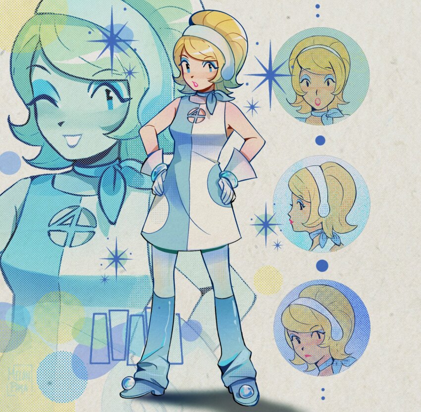 1960s_(style) 1960s_fashion 1girl alternate_costume blonde_hair blue_dress blue_eyes blue_eyeshadow blue_neckerchief blue_shoes commentary dress english_commentary eyeshadow fantastic_four full_body gloves hairband hands_on_own_hips highres looking_at_viewer makeup marvel melonpaya multicolored_dress multiple_views neckerchief oldschool one_eye_closed pink_lips profile retro_artstyle shoes short_hair solo sparkle sue_storm two-tone_dress white_dress white_gloves white_hairband