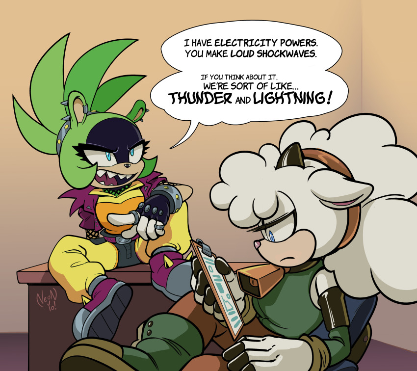 2girls absurdres aqua_eyes bare_shoulders bell black_shorts blue_eyes boots brown_pants clipboard commentary cowbell english_commentary english_text fingerless_gloves gloves green_fur green_shirt headband highres holding holding_clipboard jacket lanolin_the_sheep multiple_girls neck_bell on_table open_clothes open_jacket overlordneon pants sharp_teeth sheep_girl shirt short_shorts shorts sitting sleeveless sleeveless_shirt sonic_(series) sonic_the_hedgehog sonic_the_hedgehog_(idw) surge_the_tenrec table teeth tenrec_girl watermark wool yellow_leggings yuri