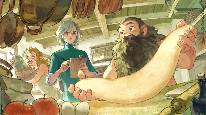 1girl 2boys apple bags_under_eyes beard black_eyes blonde_hair blush bottle bowl brown_hair cabinet ccc2782 clipboard cooking cooking_pot counter cupboard dough dungeon_meshi dwarf egg elf facial_hair fisheye fleki food fruit frying_pan grey_hair highres holding holding_bowl holding_clipboard holding_pen indoors kitchen lazy_eye long_beard long_hair mithrun multiple_boys multiple_scars mustache open_mouth pen pointy_ears rolling_pin scar senshi_(dungeon_meshi) shirt short_hair struggling sweatdrop teaching thick_mustache tunic wavy_hair