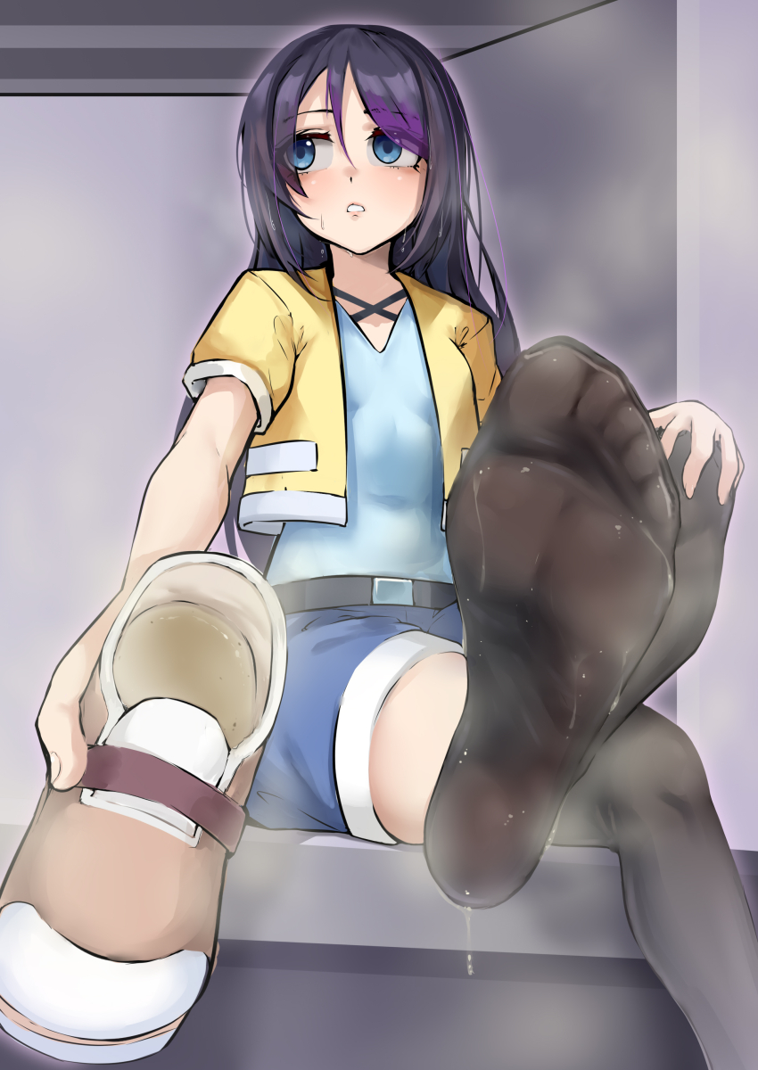 1girl absurdres black_hair black_thighhighs blue_eyes crossed_legs feet highres holding holding_shoes holding_unworn_clothes long_hair looking_to_the_side losty parted_lips see-through_clothes see-through_legwear shoes shorts soles steam sweat thighhighs toes unworn_shoes