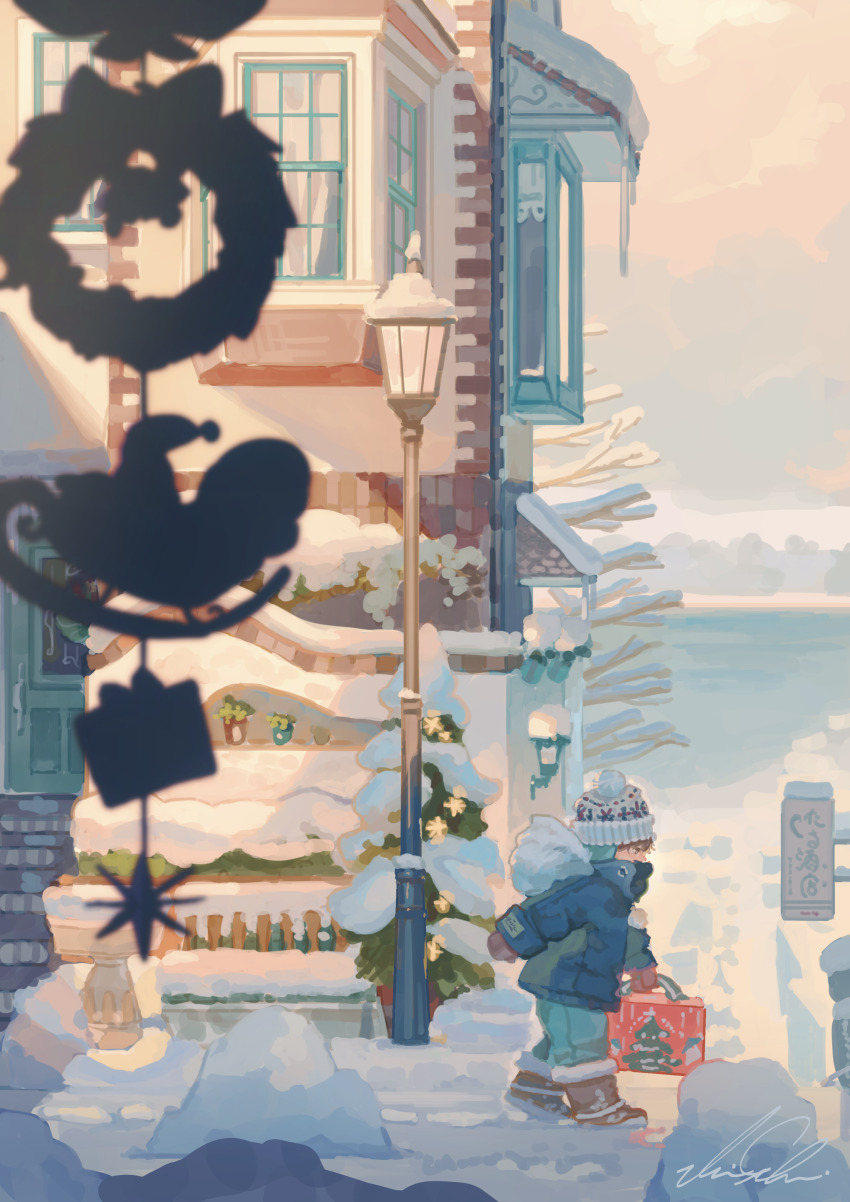 1boy absurdres bag beanie blue_coat blue_pants blurry blurry_foreground boots brown_boots building child christmas coat commentary_request day depth_of_field from_side full_body hat highres holding holding_bag icicle lamppost long_sleeves male_focus mittens original outdoors pants pom_pom_(clothes) pom_pom_beanie scenery shigre signature snow solo walking winter_clothes winter_coat